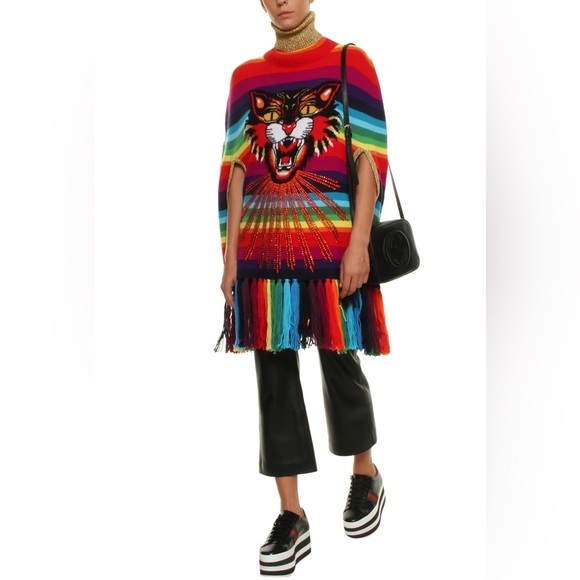 New Gucci Rainbow 100% Wool Poncho with Tiger and crystals fringes L - Picture 1 of 16